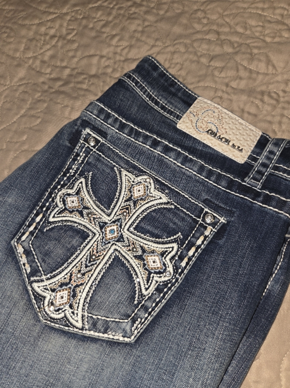 Grace in LA Dark Blue Boot Cut Jeans with Embroidered Cross